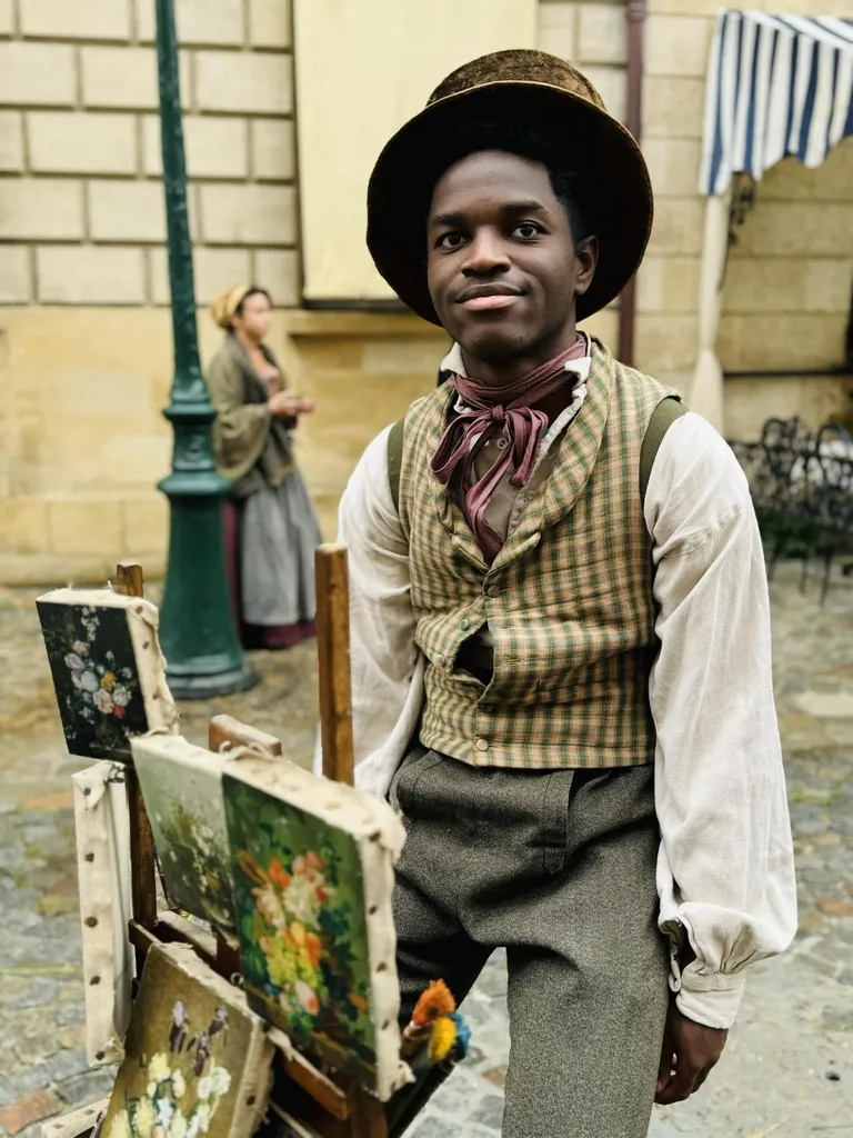 Un jeune homme en gilet à carreaux, lavallière et haut-de-forme, à côté d’un chevalet chargé de tableaux de fleurs, rue pavée, en couleur.