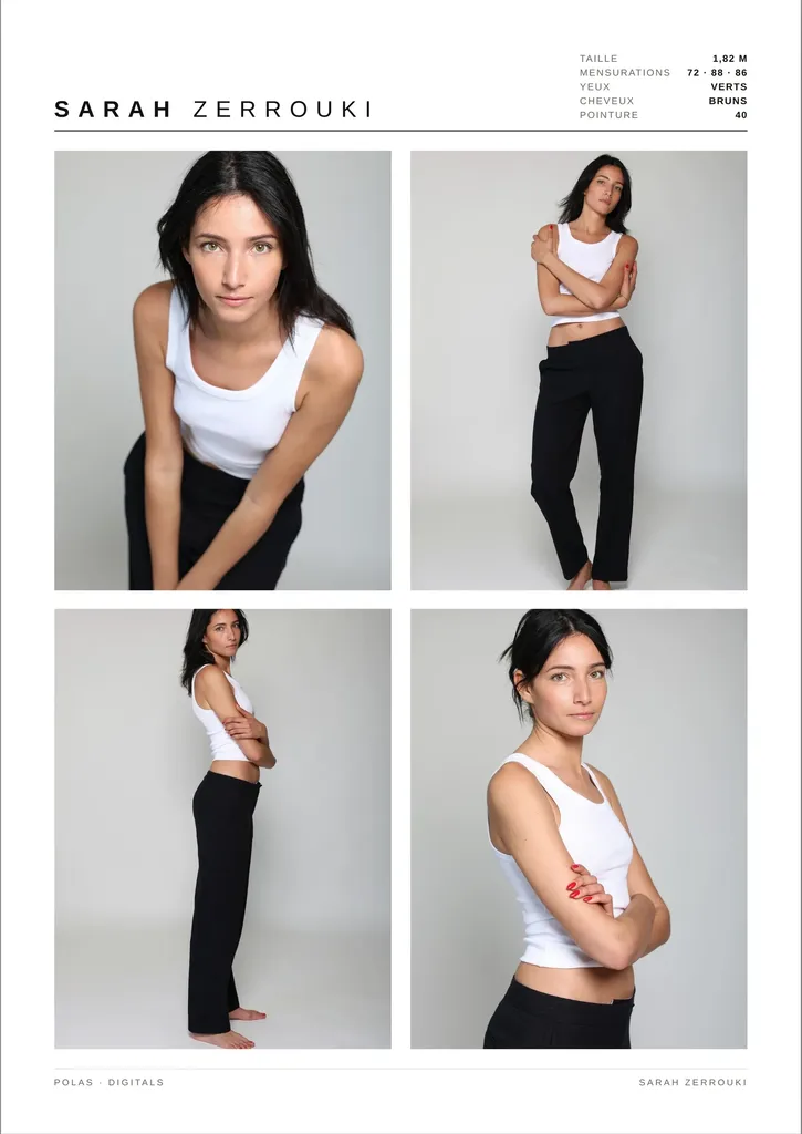 Carte composite : quatre photos d’une femme brune en débardeur blanc et pantalon noir sur fond gris, avec ses mensurations.