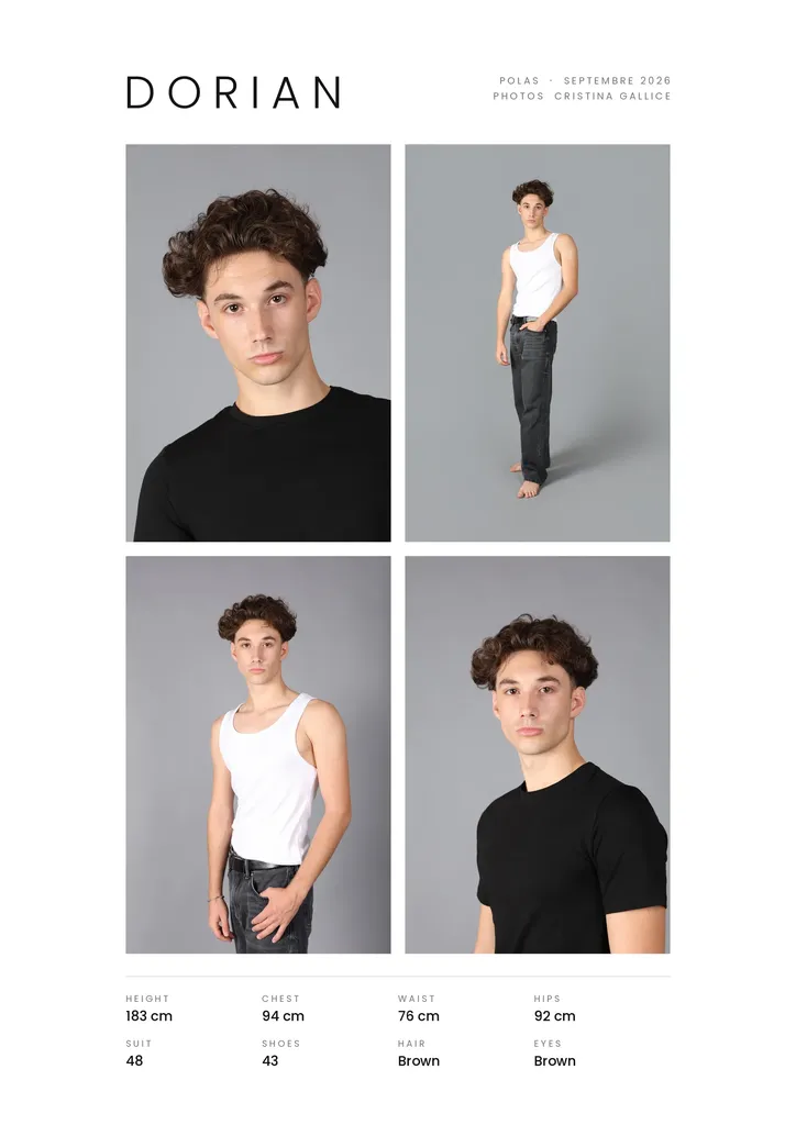 Carte composite : quatre photos d’un jeune homme aux cheveux bruns bouclés en tee-shirt noir et débardeur blanc sur fond gris, avec ses mensurations.