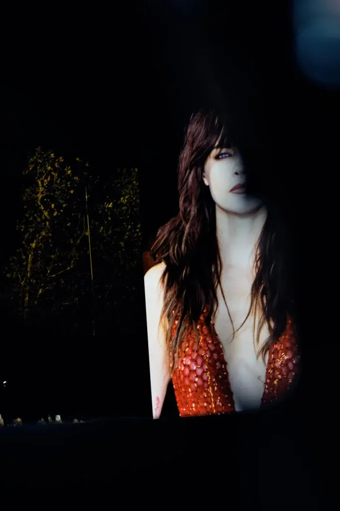 Couleur, de nuit : le portrait d’une femme aux cheveux longs en haut rouge brodé, projeté sur un grand écran dans l’obscurité.