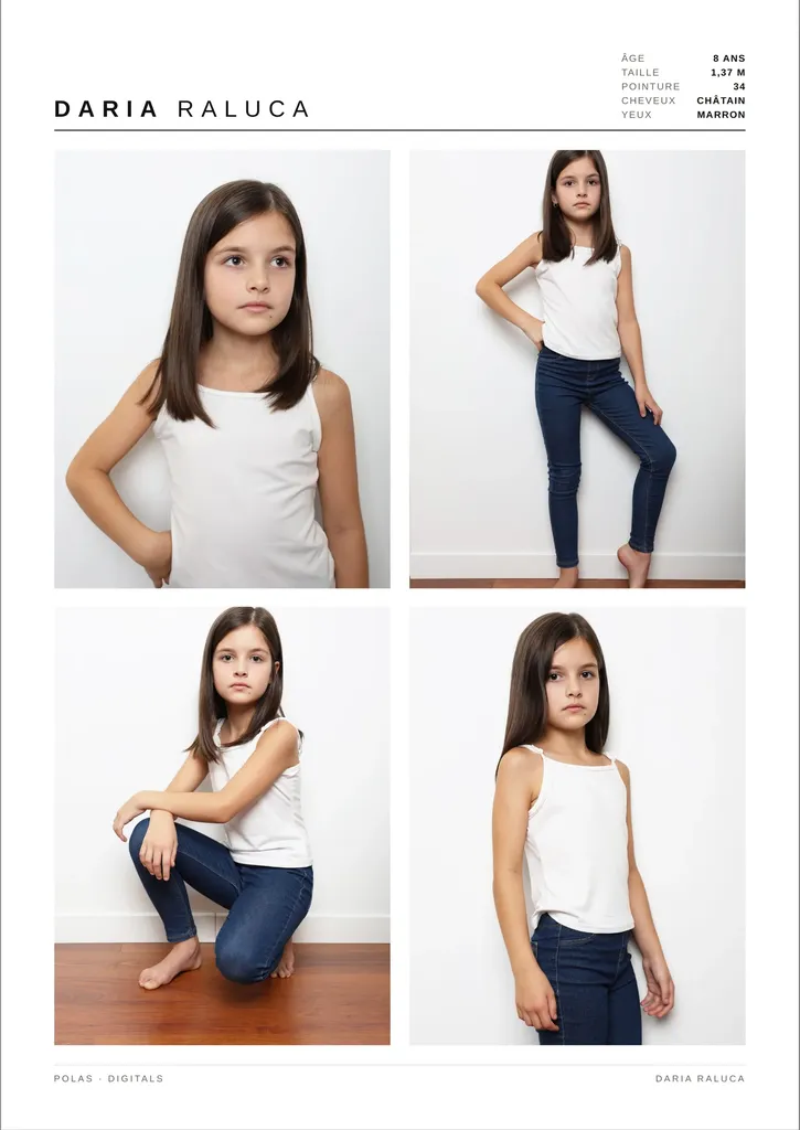 Carte composite : quatre photos d’une fillette en débardeur blanc et jean, en buste et en pied, sur fond blanc et parquet.